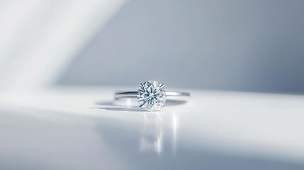A diamond ring placed on a white surface, suitable for jewelry, luxury, and engagement - related visual concepts.