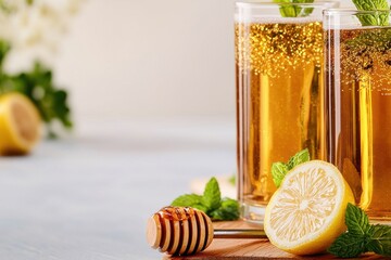 Refreshing Sparkling Herbal Drink with Lemon and Honey Garnish