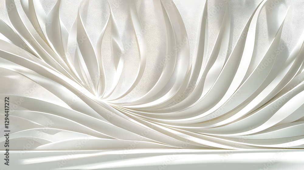 Poster white paper sculpture with flowing curves and delicate layers creating an abstract design in natural