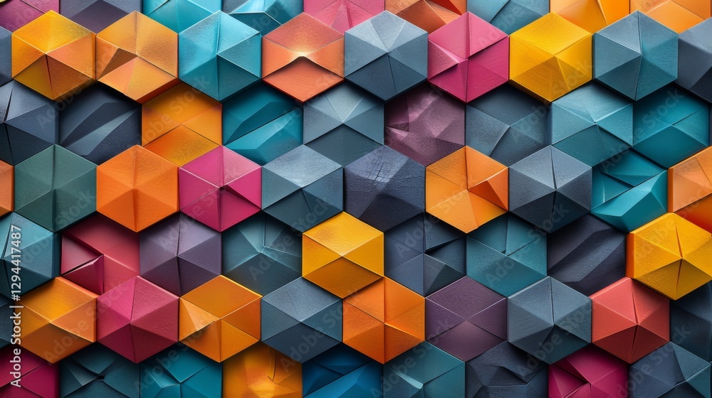 Poster An artistic display showcases a vibrant collection of three dimensional paper shapes in various colors and patterns, creating a dynamic visual experience.