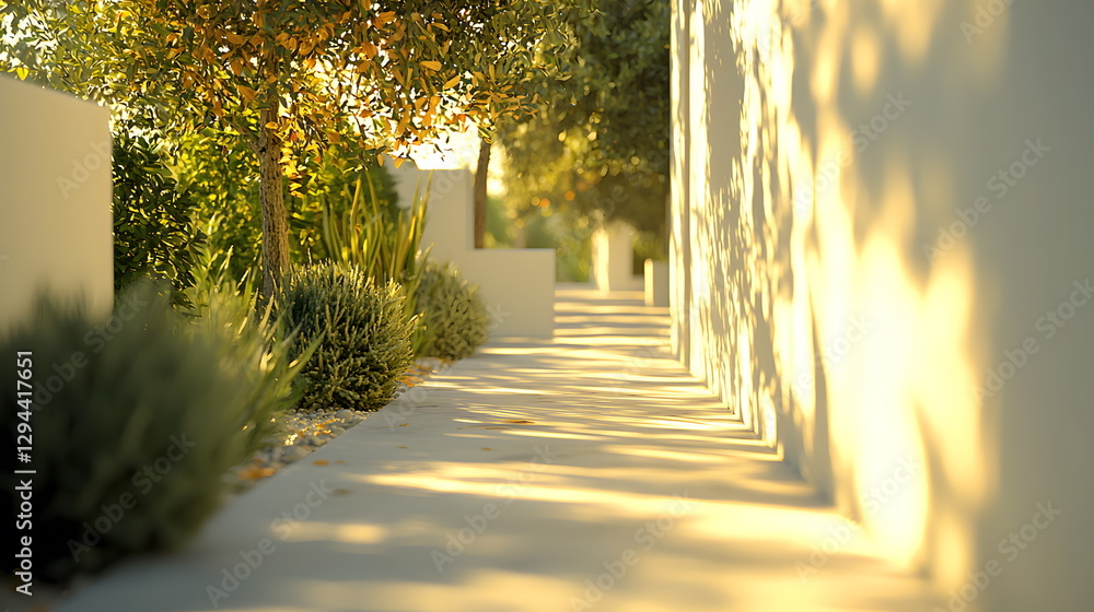 Aufkleber sunlit garden pathway lined with greenery and soft shadows cast from surrounding trees and walls