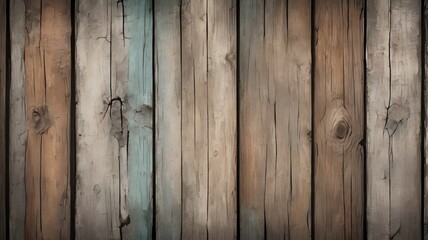 Fototapeta premium This image depicts a close-up, flat-lay view of weathered, rustic wooden planks arranged vertically, creating a textured surface or background with a vintage or distressed aesthetic.