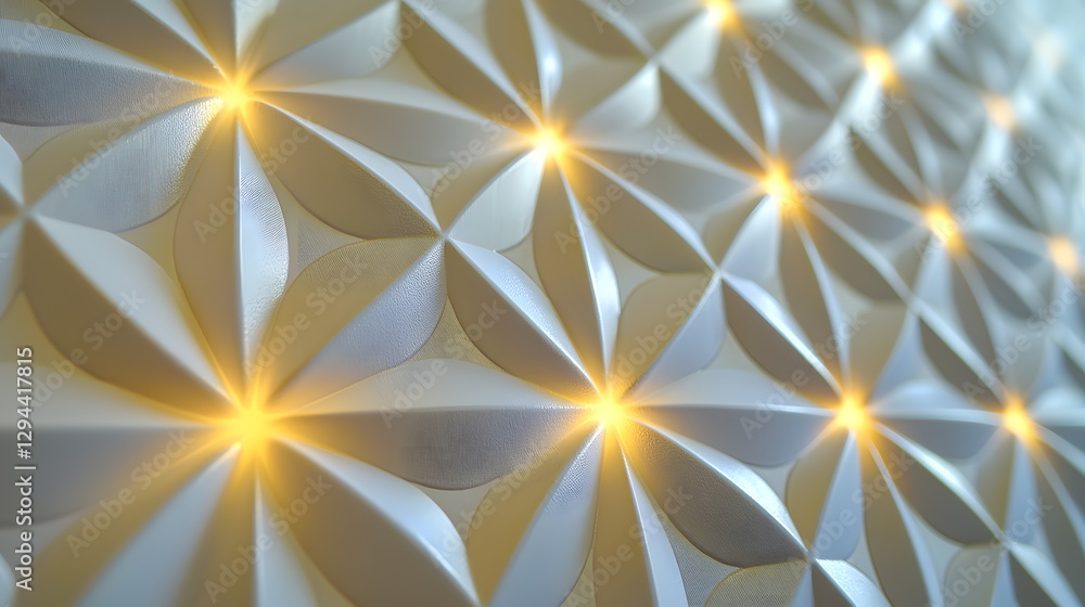 Poster illuminated geometric wall design with three-dimensional shapes and soft lighting creating an artist