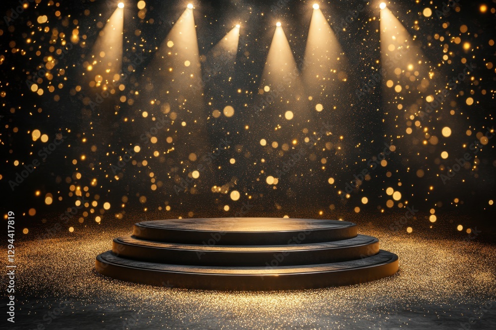 Poster elegant stage with golden light and bokeh effect for product display or presentation background with