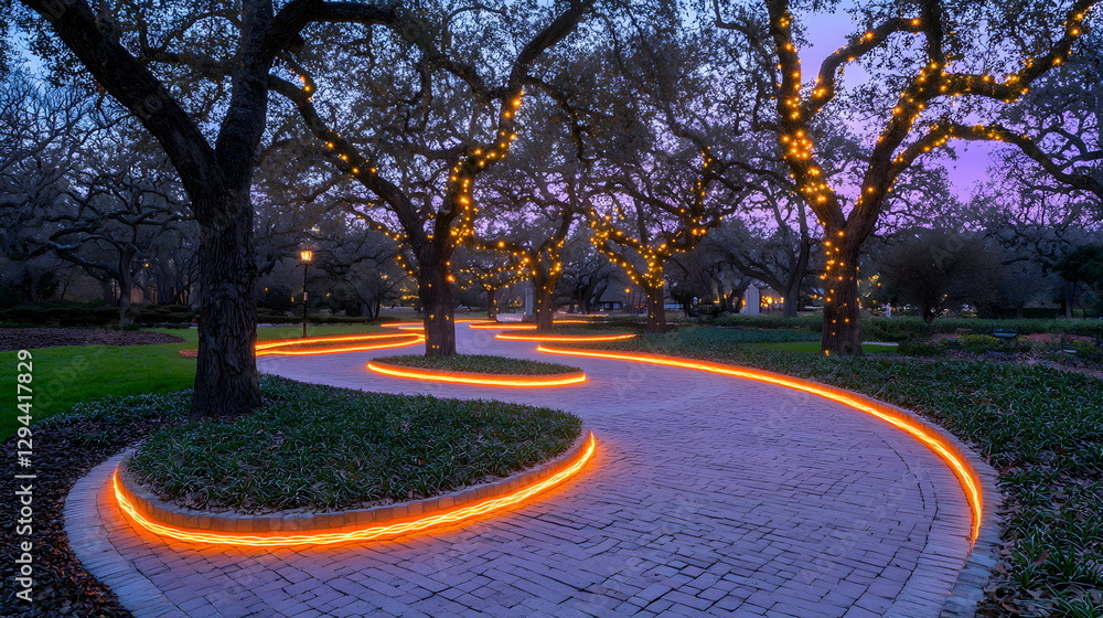 Poster winding pathway surrounded by illuminated trees and soft evening light in a tranquil park setting.