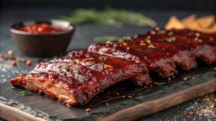 Succulent BBQ ribs with tangy sauce on a rustic platter