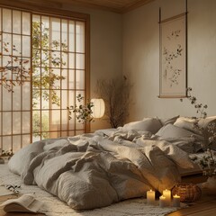 A cozy and inviting Japanese style bedroom with natural light