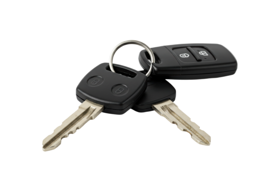 Isolated Set of Modern Car Keys with Remote, Sleek Black Design for Vehicle Security