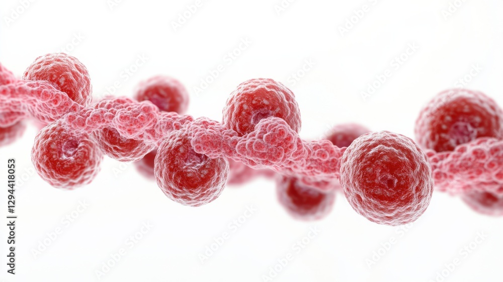 Poster microscopic view of red bacterial cells on a chain-like structure