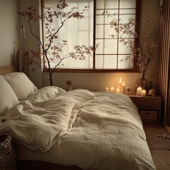 A bedroom featuring a bed with candles and decoration