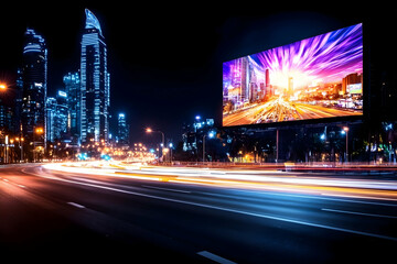 Display showing colorful cityscape on roadside in the city at night