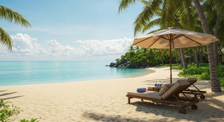 Obraz premium Tropical Panoramic beach landscape with two stylish sunbeds with stylish a umbrella with copy space. holiday concept. 