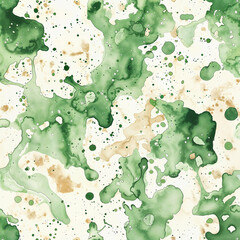 The image features an abstract watercolor pattern with green and beige splashes and droplets on a light background, creating a dynamic and organic texture.