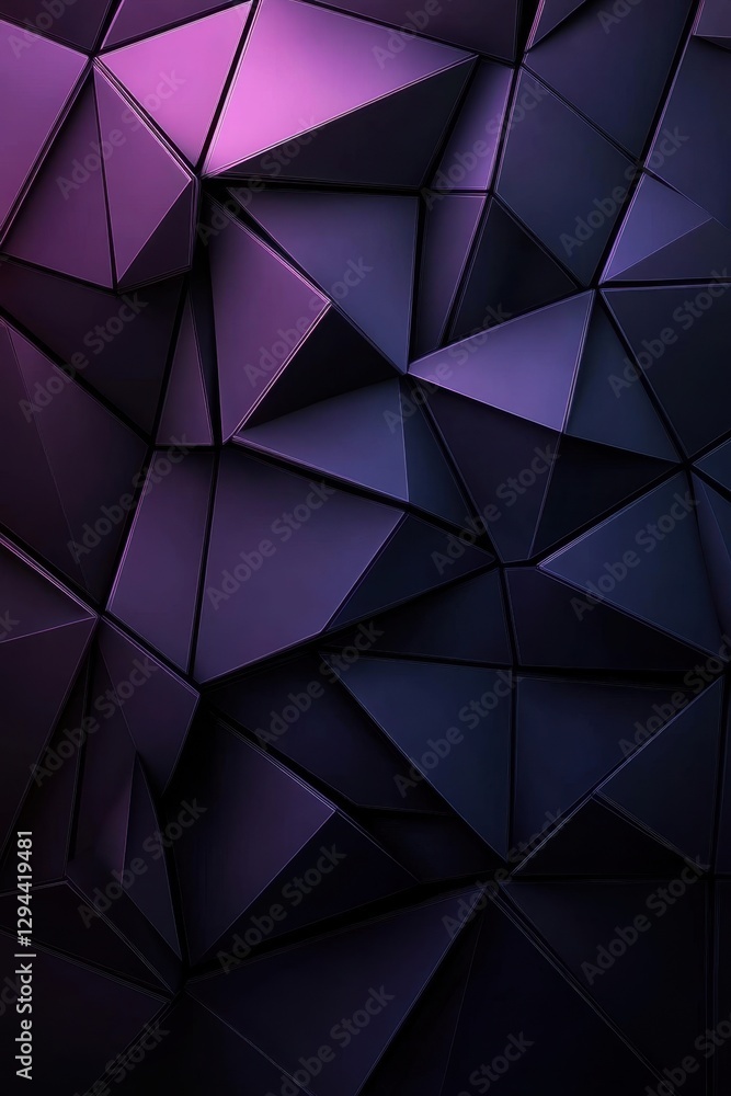 Poster Abstract geometric background with dark purple triangles and dynamic lighting creating depth and dimension for modern design and creative projects