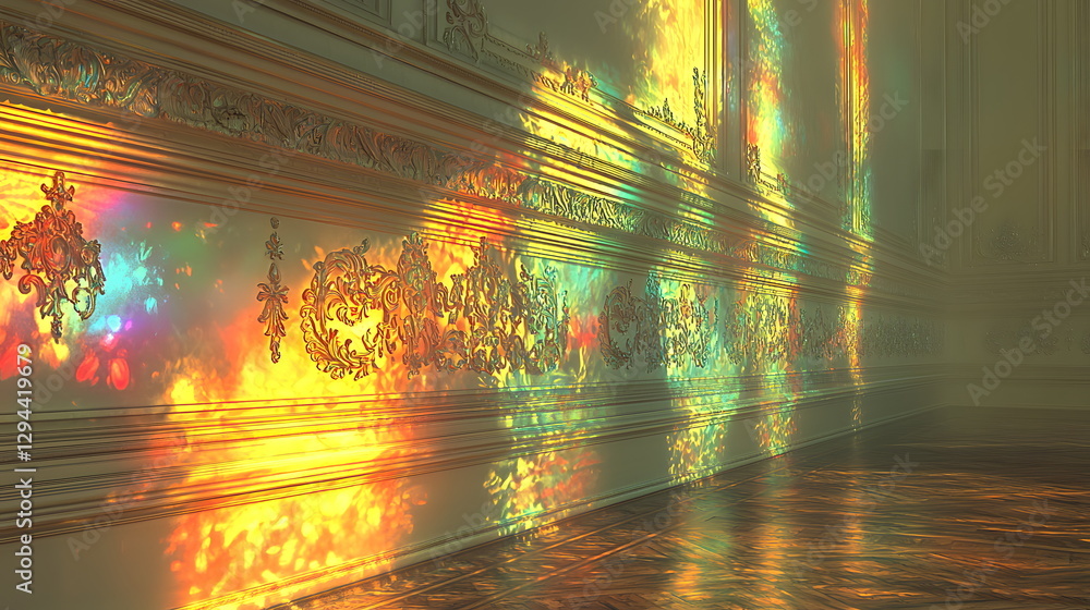 Poster prismatic reflections creating colorful patterns on a lavish wall in a brightly lit indoor setting w
