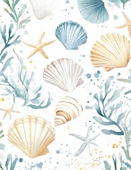 Beautiful watercolor illustration of seashells and sea life on a light background