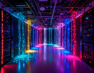 A server farm transformed into an art installation, featuring cascading rainbow cable waterfalls under dramatic gallery lighting, critiquing digital aesthetics.