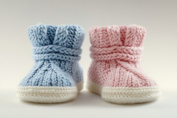 Knitted baby booties in blue and pink – a symbol of a baby boy and girl.