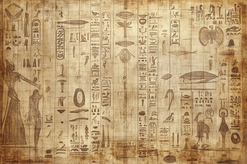 Ancient Egyptian papyrus scroll with hieroglyphs and illustrations.