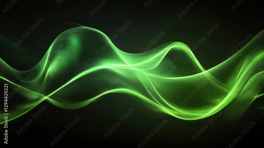 Poster abstract luminous green waves on dark backdrop creating a dynamic and modern feel suitable for techn