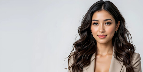 Confident Young Woman with Long Wavy Hair in a Beige Blazer