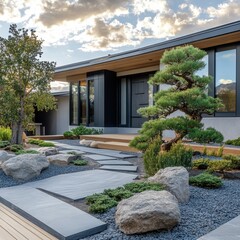 Modern house exterior featuring rock and stone landscaping