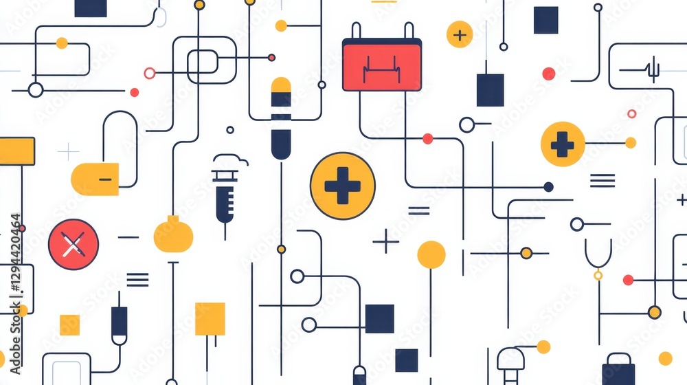 Poster abstract medical patterns with colorful icons and lines on white background