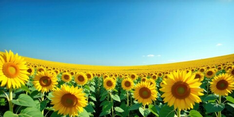 Vibrant Yellow Sunflowers Blooming in a Vast Field Under a Clear Blue Sky