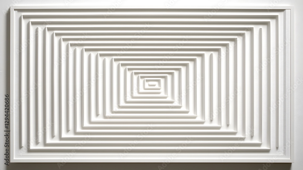 Poster intricate white geometric relief sculpture with layered squares creating a three-dimensional illusio