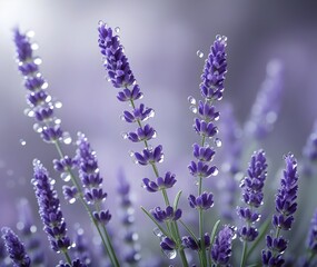 Naklejka premium Close-up of fresh lavender flowers with dewdrops, capturing their vibrant purple color and delicate texture against a soft, blurred background.