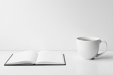 an open book and a cup of coffee arranged on a table, ready for writing or reading