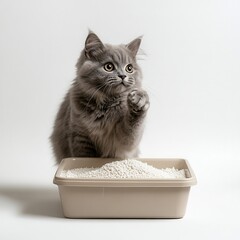 British Shorthair cat digging in a beige litter box – pet hygiene and cleanliness.