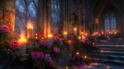 Fototapeta premium Romantic candlelit staircase adorned with vibrant roses in a mystical, enchanting setting surrounded by soft glowing light.