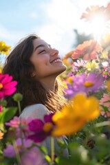 Naklejka premium Woman in field of flowers