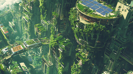 green city with vertical gardens covering skyscrapers, solar panels integrated into curved building facades, and autonomous electric public transport gliding between structures, while people 