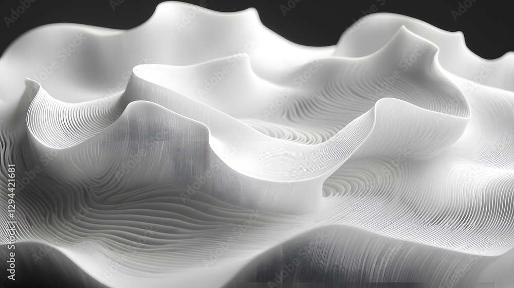 Poster undulating white sculpture with intricate wavy patterns and smooth curves on dark background for art