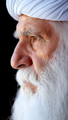 Elderly man's profile, white turban, dark background, close-up