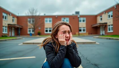 Fototapeta premium Girl in tears sitting alone in schoolyard, feeling loneliness, emotions of childhood, intended for parenting websites, educational blogs, children's mental health awareness campaigns and school life