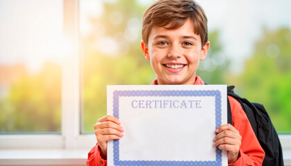 Boy joyfully holding a school certificate by the window, emotions of childhood, intended for parenting websites, educational blogs, children's mental health awareness campaigns and school life