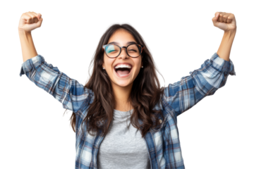 Celebrating success young woman with transparent background png format joyful expression white environment