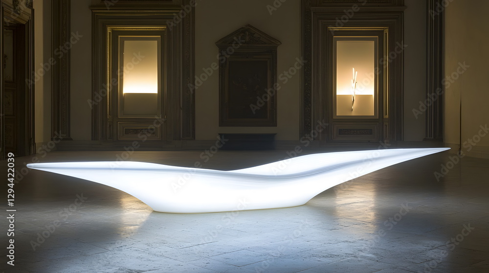 Poster illuminated modern sculpture positioned in a minima gallery space with ambient lighting enhancing it