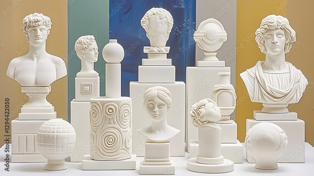 Poster stylized white sculptures arranged on display against a colorful background highlighting classical f