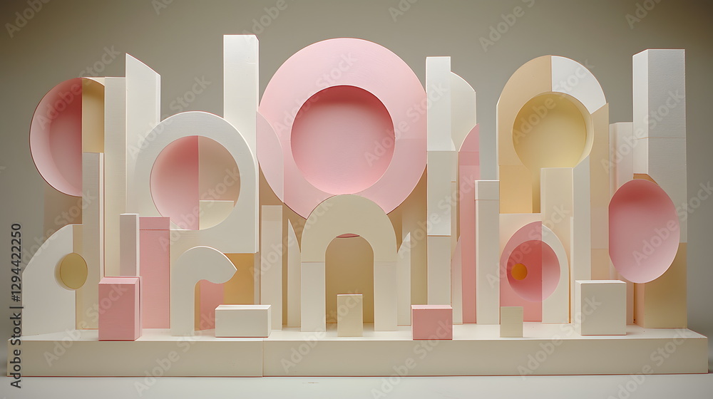 Poster colorful geometric shapes arranged artistically on a light background creating a modern design compo