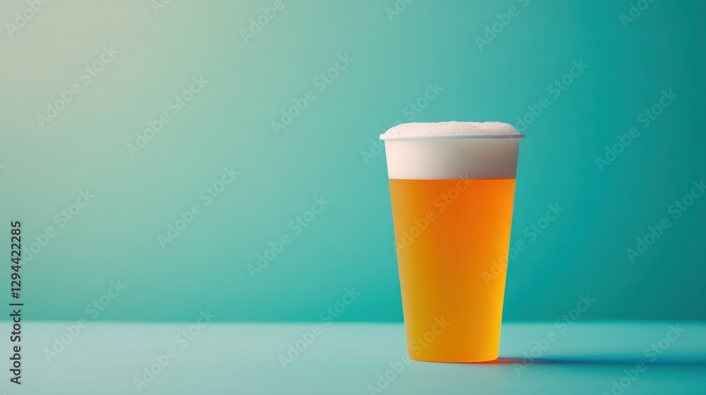 Poster refreshing amber beer with frothy head on a cool blue background a minimalist composition capturing 