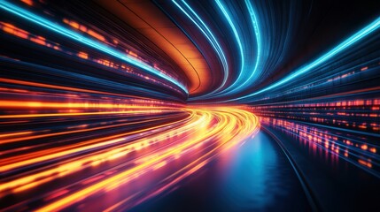 Long exposure image of a modern tunnel with light streaks and blurred lights creating dynamic motion effects
