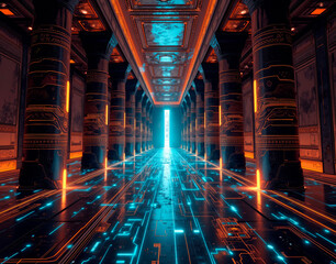 AI oracle server processing prophetic data streams, set within a modernized Delphi temple blending tech and myth.