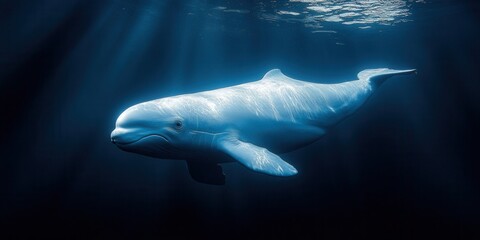 Fototapeta premium Beluga whale underwater – a realistic underwater photography of a graceful white whale in the deep ocean. A stunning marine landscape showcasing nature’s harmony.