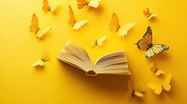 International Literacy Day: Creative Design with Children's Books on Yellow and Grey Background - Powered by Adobe