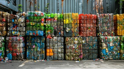 Fototapeta premium Brightly colored bales of compressed plastic waste are organized in rows at a recycling facility. The setting is industrial and shows eco friendly efforts.