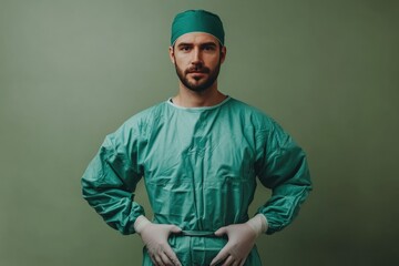 Naklejka premium A male surgeon in scrubs and surgical cap stands confidently against a muted green background.